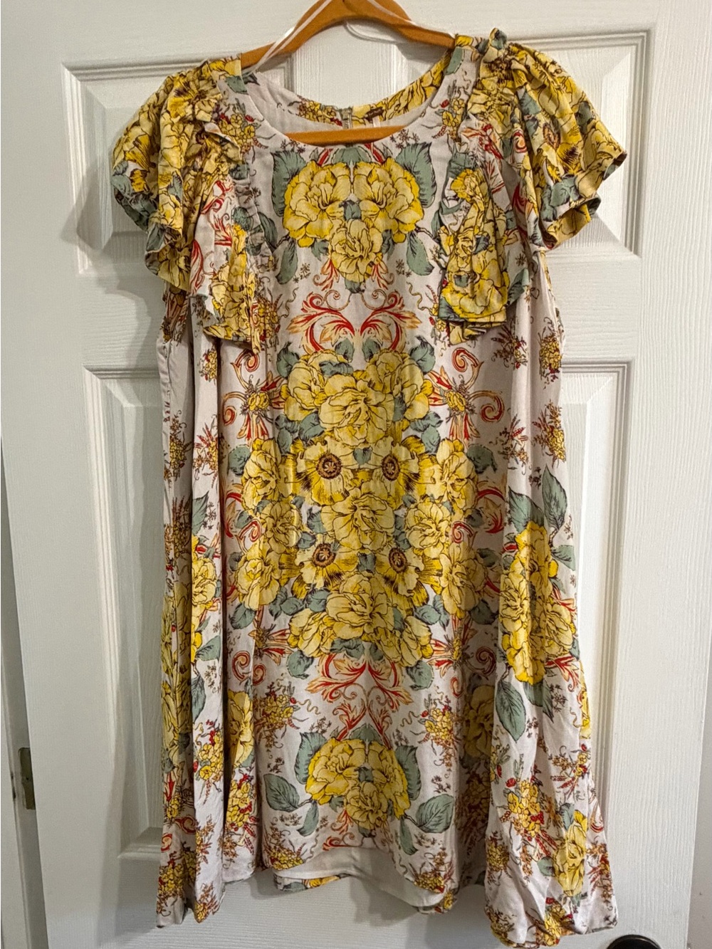 Free People Yellow Floral Ruffle Sleeve Dress